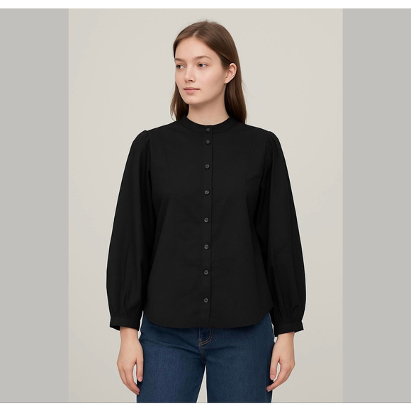 SOMETHING Navy women cotton poplin black button down shirt size M - Picture 1 of 13